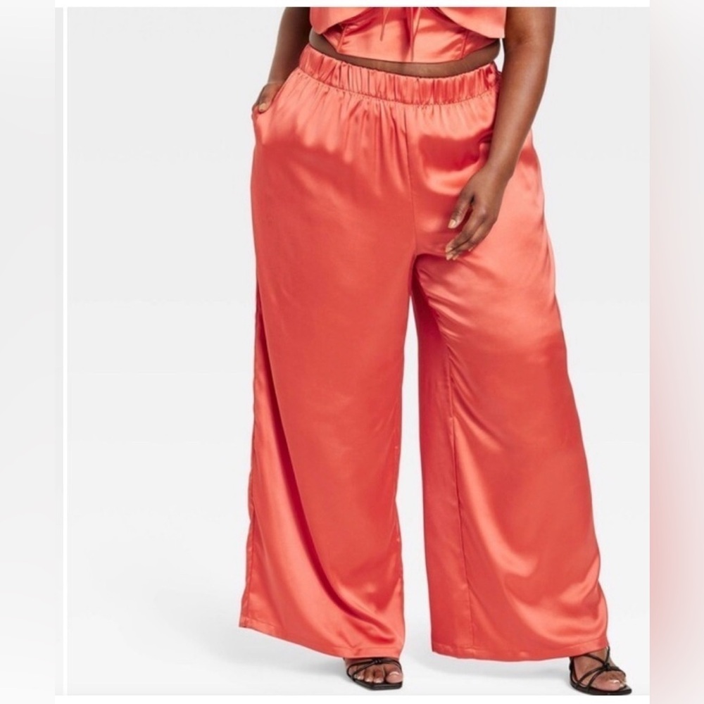 Satin Wide-Leg Pants in Coral